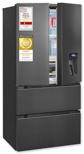 Exquisit Frenchdoor Kühl-Gefrierkombination | 506 l Nutzinhalt, Energieklasse E, 41 dB, No Frost Kühlen & Gefrieren, Schnellgefrieren, Wasserspender, LED, Elektronik | FD5490-160-WS-200E inoxlook-az