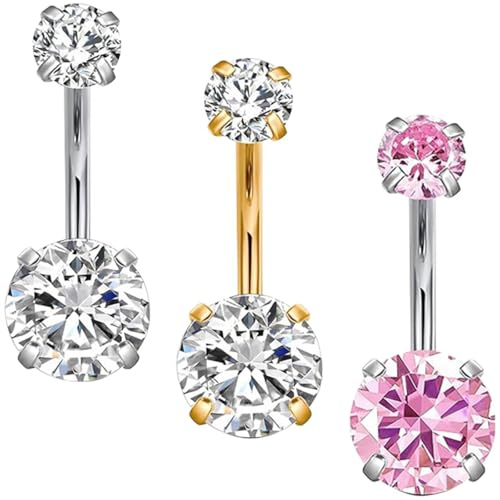 Set med 3 navelpiercingar - Banan - Med runda zirkoner - 8 mm + 5 mm lång - 10 mm lång - Kroppssmycken - Silverfärgad, guld, rosa