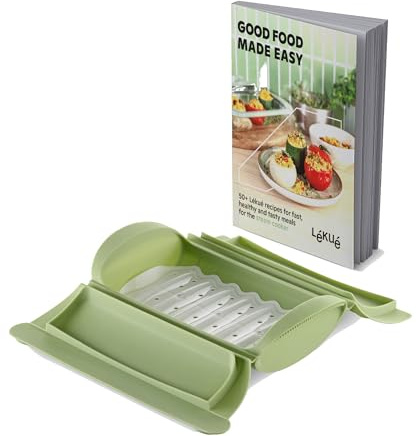 Lékué Estuche vapor silicona verde c/bandeja y libro INGLES, 1-2 pers.650ml
