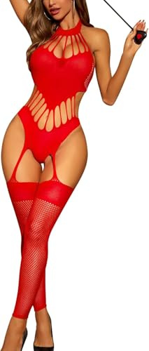 Laven & Ivory Women’s Fishnet Bodystocking | Full Body Mesh Bodysuit with Attached Tights, Stretch Polyester One-Piece Jumpsuit for Nightwear, Layering & Everyday Wear, One Size Fits Most (Red)