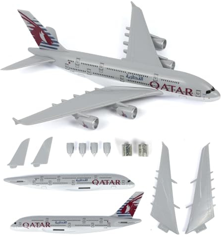 kolotesame 1/280 Assembly Airplane Model Compatible for Qatar Airbus A380, Plastic Plane Quick Build Model Kit with Stand, 25.5cm L for Office Desk Bookshelf Display or Gift