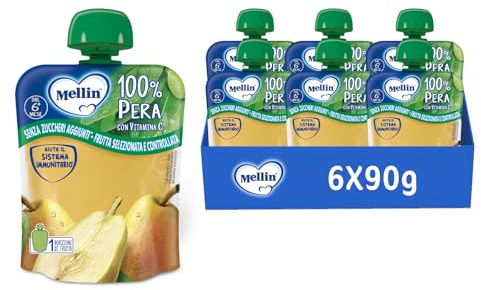 Mellin, Pouch Merenda 100% Pera con Vitamina C - 6 Confezioni da 90 Gr