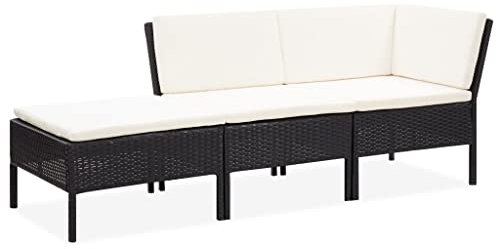 vidaXL Gartenmöbel 3-TLG. mit Auflagen Lounge Sofa Sitzgruppe Garten Garnitur Gartensofa Gartenset Mittelsofa Fußhocker Ecksofa Poly Rattan Schwarz