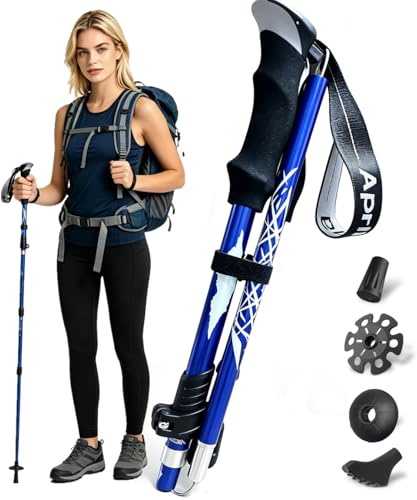 Trekking Poles, Collapsible Walking Poles for Men Women, Adjustable Lightweight Walking sticks for Trekking, Camping, Backpacking, Hiking (Blue-1 Pack)