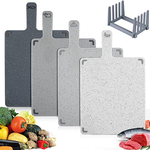 KEMDH 4-Piece Chopping Boards Set with Stand, Plastic Cutting Boards for Kitchen with Non-Slip Feet, BPA Free, Small Boards for Meat, Fish, Vegetables & More, Kitchen Accessories (Grey)