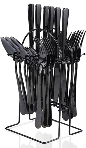 Flatware Set with Stand, 24 PCS Stainless Steel Black Cutlery Set for 6 Person, Knife Fork Spoon Mirror Polished Design Flatware Set with Holder, Dishwasher Safe & Easy to Clean (Black)