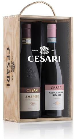 Cesari - Confezione Regalo in Legno e Plexiglass - Amarone della Valpolicella Classico DOCG 2021 e Valpolicella Ripasso DOC Superiore 2022-2 bottiglie da 750 ml