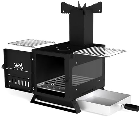 TANGZON Wood Burning Stove, Portable Camping Stove with Glass Viewing Window & Anti-scalding Handle, Carbon Steel Fired Cooker Heater for Picnic Hiking (54 x 36 x 44 cm, with Oven Pan & 2 Grills)