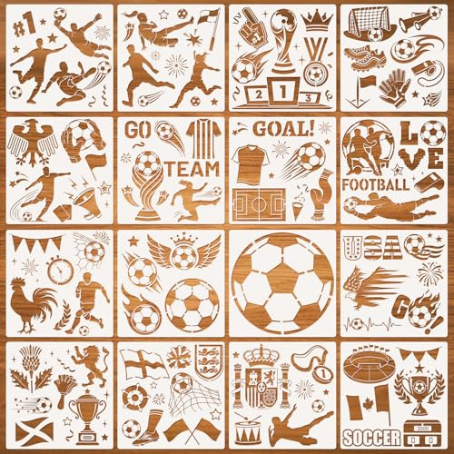 DPKOW 16 x Fußball Schablonen Malen Basteln WM EM Schablonen Stencil Fußball DIY Zeichnen Scrapbooking zum Holz/Textil/Wand/Tattoo/Papier/Zuhause