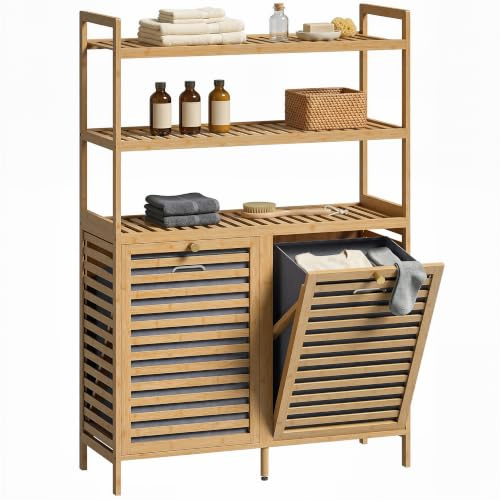 HOMCOM Meuble de Salle de Bain avec Panier à Linge 80 x 30 x 118 cm Chêne | Armoire Salle de Bain en Bambou, 2 Paniers Amovibles, Étagères à 3 Niveaux, pour Toilette, Buanderie