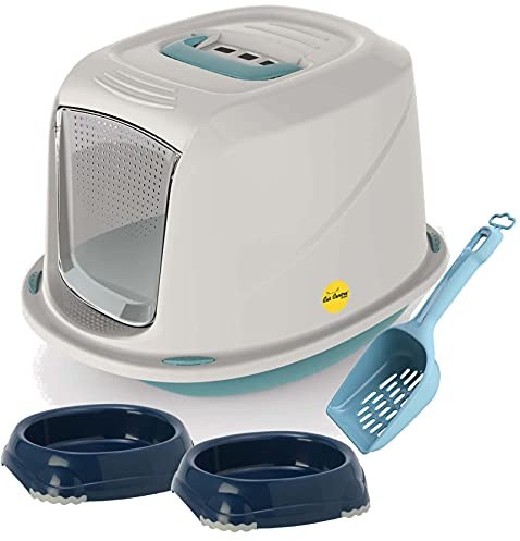 CAT CENTRE Medium Blue Hooded Kitten Litter Tray + 2x Non Slip Bowls +Waste Scoop Set Carbon Filter Small Cat Toilet Pet Box Loo Pan Starter Pack Bundle Portable Swing Flap Door Carry Handle Galaxy