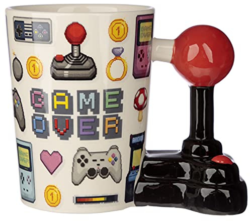 Puckator Pixel Decal Game Over Joystick Ceramic Shaped Handle Tea Coffee Mug Funny Home Accessories - Cute Gifts for Girlfriend - Large Mugs for Men Women Hot Drinks - Cups Presents Secret Santa Gift