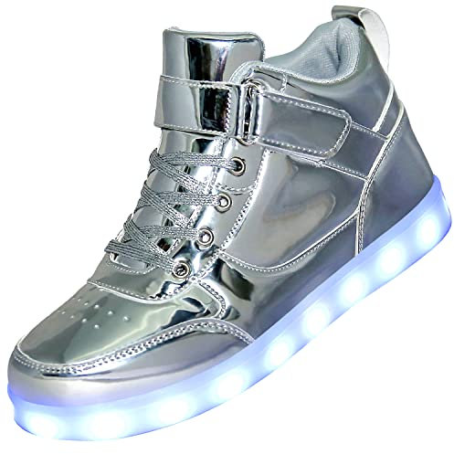 Leuchtende Kinderschuhe, LED-Sneaker, USB-Aufladung, blinkende Turnschuhe für Jungen und Mädchen, hohe Sneaker, G Silver, 39 1/3 EU
