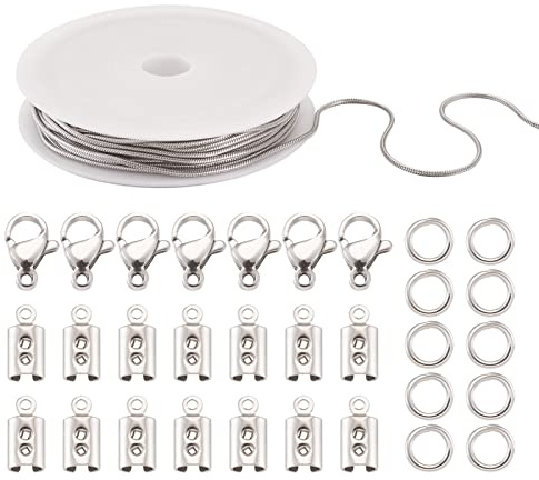 PandaHall 16,4 fot halsband i rostfritt stål, kedjor, 1,2 mm, runda ormkedjor med 50 st bindringar och 10 st hummerlås och 30 st vikbar krympände för män kvinnor, halsband, smyckestillverkning