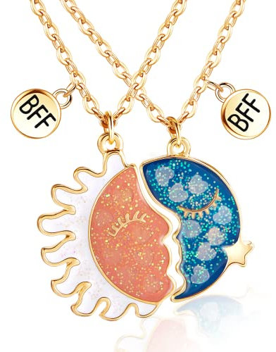 Hifot 2 Stück Halskette Damen Gold Freundschaftskette, Bff Ketten für 2 Mädchen, Sonne Mond Halskette Anhänger Glühen Herz Kette für Frauen Freundin Geschenk Personalisierter Schmuck