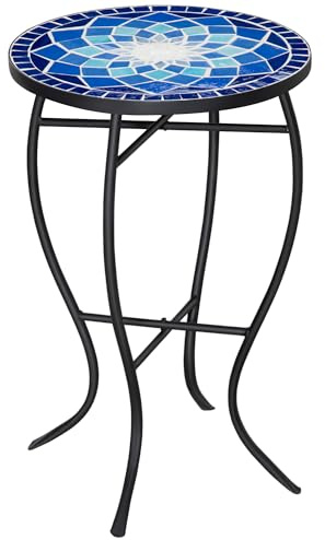 Outsunny Ø35,5 cm Beistelltisch Gartentisch Blumenhocker rund wetterfest Mosaik für Garten Terassen Balkon Eisen Blau+Weiß