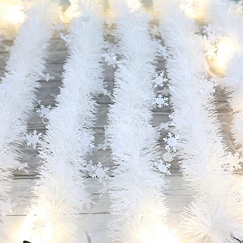 KKSTY White Christmas Snowflake Tinsel Garland, 32.8ft(10M) Long and Thick Metallic Twist Tinsel Garlands for Christmas Tree Decoration Winter Holiday New Year Party Supplies