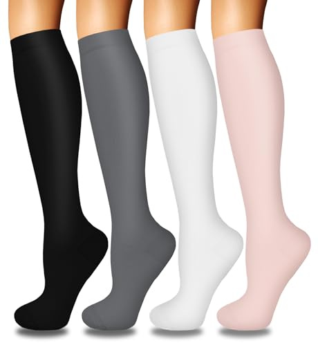 Iseasoo 4 Pairs Compression Socks for Women Circulation-Best Support for flying Running, Athletic,Travel, Hiking, White,PinkGifts L-XL