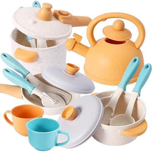 BUYGER Pretend Play Kitchen Set Accessories with Light and Sound Stove for Kids Aged 3+, Tea Set Pots and Pans Playset Cookware Utensils Toy for Kids Toddlers Boys Girls