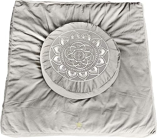 Florensi Meditation Cushion & Zabuton Mat Bundle - Grey, Round, 16 in x 5 in - Posture Support Buckwheat Floor Seat Cushion - Zabuton Meditation Mat - Versatile Yoga Pillow for Zen Decor