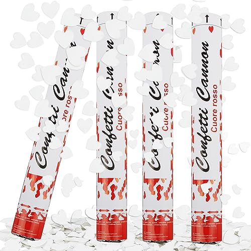 Konfettikanone Hochzeit, shallyong 4 x Konfettikanonen Herzen Weiß, Konfetti Shooter 40cm, 6-10m Effekthöhe, Party Popper für Hochzeit & Verlobung