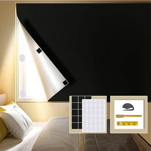 ACFELLE Portable Blackout Window Cover, Upgraded 79x57 Blackout Curtains No Drill Cuttable DIY Self-Adhesive Hook Loop Tapes, Travel Reusable Blinds/Shades for Bedroom 2m