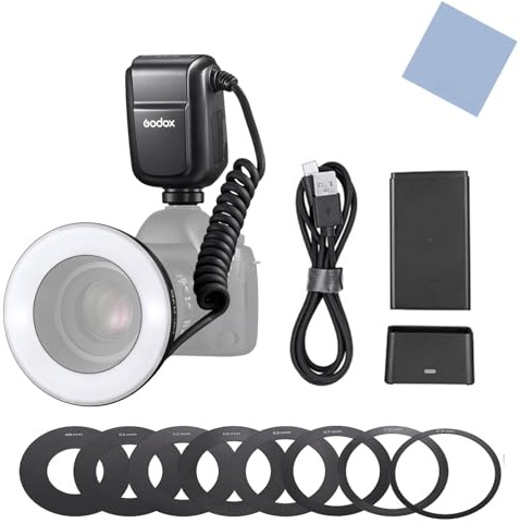 Godox MF-R76N i-TTL Macro Ring Flash Light GN14 10 Levels Adjustable Brightness with 8pcs Adapter Ring Large Capacity Battery Replacement for Nikon Camera