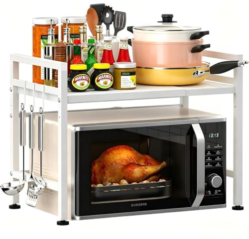 Multibao Expandable Microwave Rack Shelf, 2 Tier Oven Rack Stand Holder Kitchen Corner Shelf Desktop Printer Shelf Rack, Bakers Rack, Air Fryer shelf Stand,Storage Solution Organiser (White)