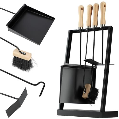 KADAX Lot de 5 ustensiles de cheminée modernes, 5 pièces, accessoires de cheminée avec tisonnier, pelle à cendres, balai, grattoir à cendres et support (noir)