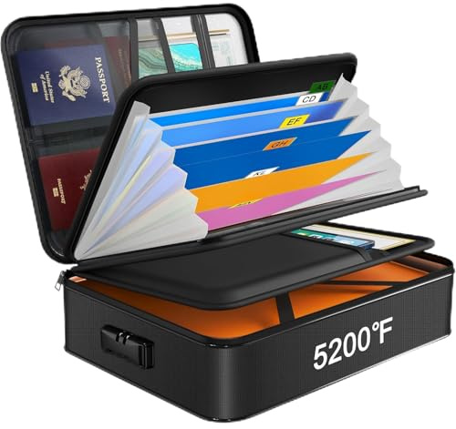 JUNDUN Organisateur de documents avec isolation thermique de 5200 ℉, porte-documents ignifuge avec serrure, boîte de rangement pour documents avec 7 compartiments, organiseur de dossiers（noir）