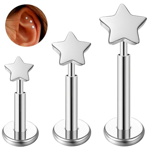 ESHIONER G23 Titanio Piercing Conch Tragus Helix Medusa Oreja Labio Labret Inferior Nariz Stud 16g 6mm 8mm 10mm Cartílago Helix Monroe Hipoalergénico Estrella Plata Flatback Mujer Hombre