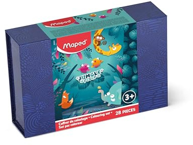 Maped - Cofanetto da colorare Jungle Fever 28 pezzi - Matite colorate + pennarelli Color'Peps - Temperamatite/Gomma + Matita grafite con guida dito - Taccuino da colorare e adesivi - Dai 3 anni