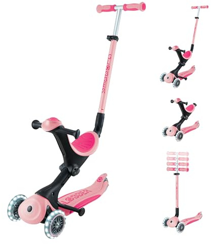 Globber - GO UP Deluxe Lights – Skalierbarer Tretroller, 3 Räder mit Sitz, für Kinder von 15 Monaten bis 6 Jahren, Rosa