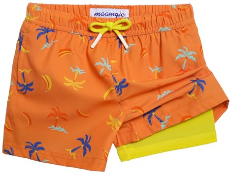 maamgic Boys Swim Trunks with Compression Liner 4-Way Stretch Quick Dry Swim Shorts Swimming Trunks Toddler Boy Coconut Orange 4T