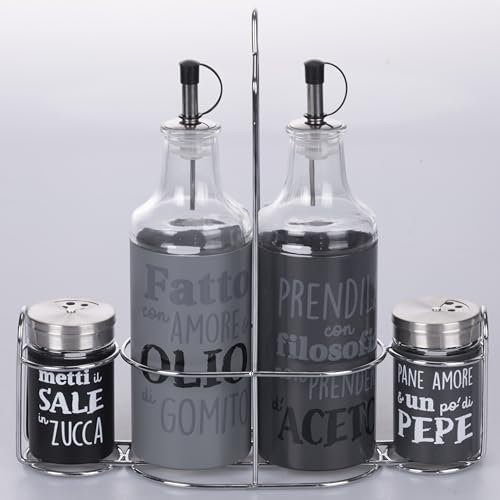 Set condimento olio, aceto, sale e pepe in vetro e acciaio inox, stand in ferro, grigio, Idee