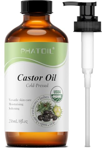 PHATOIL Organic Castor Oil 236ml, Cold Pressed & Pure - USDA Certified Organic, Hexane-Free Massage Oil for Hair Growth, Eyebrows, Eyelashes & Skin Moisturizing - Glass Bottle with Pump Dispenser