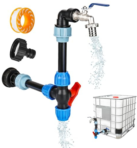 RUCUDIM IBC Adaptador con cuello de cisne grifo de latón de 2 compartimentos, S60 x 6, grifo de paso 3/4 pulgadas para tanque de agua de lluvia de 1000 l