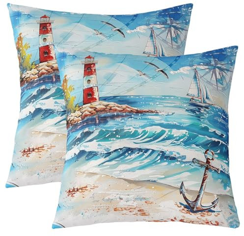 feelingyou Ocean Beach Doppelseiten Druck Kissenbezüge, Leuchtturm Segelboot Anker Nautische Weiche Quadratische Kissenbezüge 60x60cm, Aquarell Sommer Blaue Wellen für Wohnzimmer Dekor Set von 2