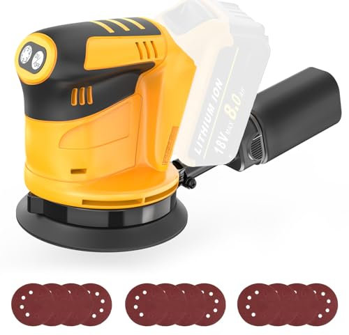 Cordless Orbital Sander Compatible with Dewalt Battery, with 12Pcs Sandpapers & Collection Bag, 360° Rotating Sanding Base Plate, for Sanding, Polishing (Without Battery)