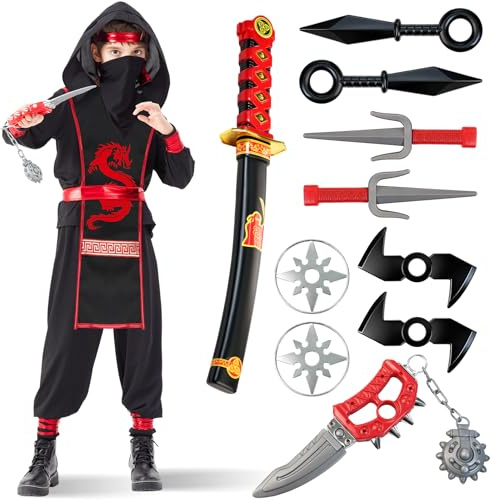 Lozzzyo Déguisement Ninja Dragon Enfant avec Tenue Ninja et Armes Diverses, Deguisement Carnaval Enfant pour Carnaval, Halloween, Cosplay et Spectacle de Scène (L)