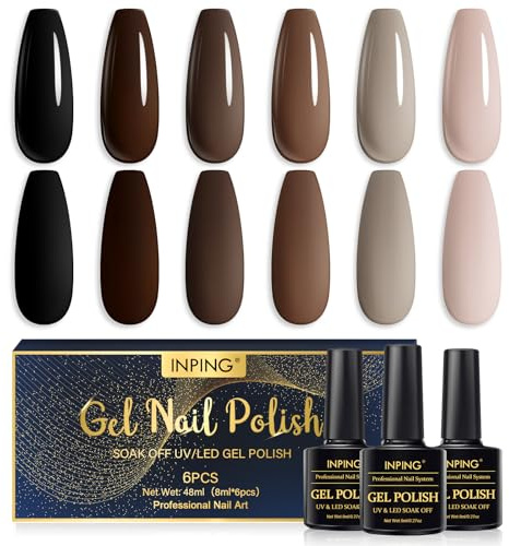 INPING Vernis Semi Permanent, 6 Couleurs Noir Foncé Marron Nude Rose Vernis Gel UV Semi Permanent Nature,Soak Off UV/LED Vernis à Ongles Pour Femmes DIY Nail Art Salon,8ML