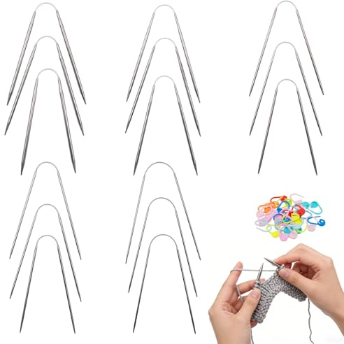 15 Pcs Circular Knitting Needles Set with 30 Stitch Markers, Short U Shaped Stainless Steel Knitting Needles for Socks, Interchangeable Sizes for Hats Sleeves Cuffs Scarves