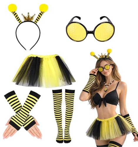 GWAWG Costume da ape da donna con gonna tutù, cerchietto per ape con antenne, calze a righe nero giallo e guanti lunghi per carnevale, Halloween, festa a tema