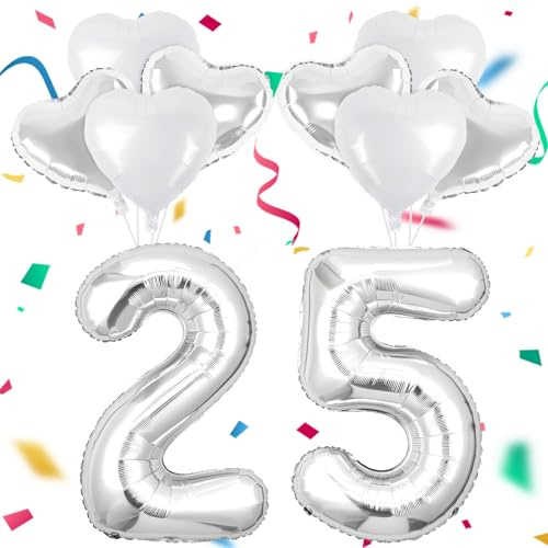 Globos Bodas Plata 25, Globos de Corazón, Foil Globo Número 25, Regalos 25 Aniversario de Boda, Decoración Bodas de Plata Aniversario, Hombres Mujeres Fiesta Aniversario