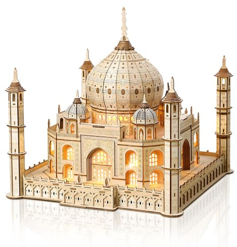 Cuteefun 3D-träpussel, Taj Mahal arkitektonisk modell med LED-ljus [388 st] | Gör ditt eget hantverk, för vuxna och ungdomar, skrivbordsdekoration, perfekt present till födelsedag fars dag