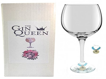 Libby's Market Place - Copa de cristal con cáliz en forma de globo y fuste de cristal, con colgante con texto «Gin Queen», para gin tonic, viene en una caja de regalo