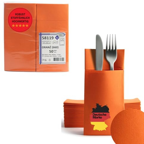 AROBA 50 x Airlaid Cutlery Napkins (Orange, 39 x 40 cm), High-Quality Napkin Pockets, Ready-Folded Cutlery Pockets, Fabric-Like Airlaid Napkins