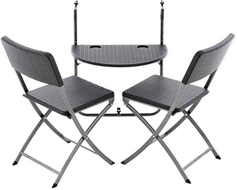 Nexos Trading 3er Balkonmöbel-Set Sitzgruppe Balkonhängetisch Balkontisch Klapptisch mit 2 Klappstühlen Stühle Polyrattan schwarz kompakt klappbar 3 teilig