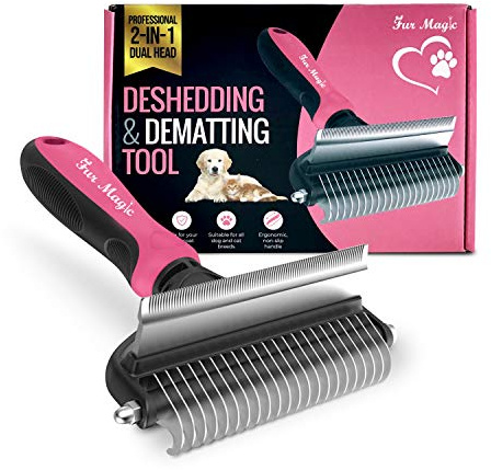 Fur Magic Deshedding and Dematting Tool – 2-in-1 Double-Sided Dog Grooming Brush for Long, Medium, Short Hair – Removes Knots, Loose Undercoat, Mats – Professional Pet Brush for Grooming Cats, Dogs