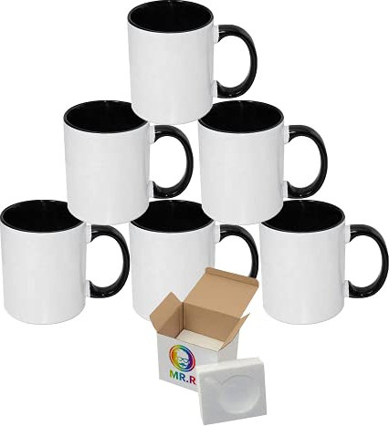 MR.R - Juego de 6 tazas de café de cerámica para lavavajillas con interior y mango de color negro para leche, té, cola, agua, 325 ml